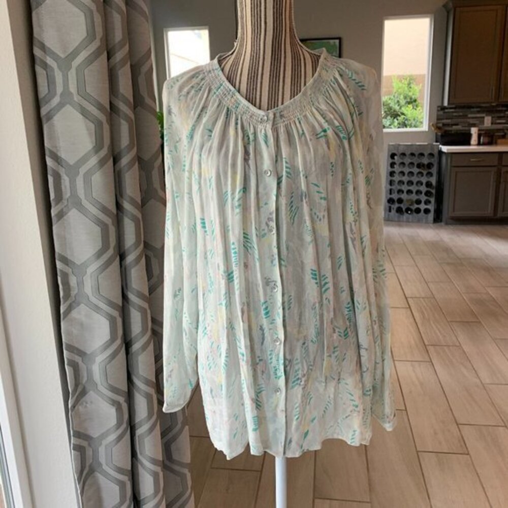 DKNY Jeans Button Front Patterned Peasant Top